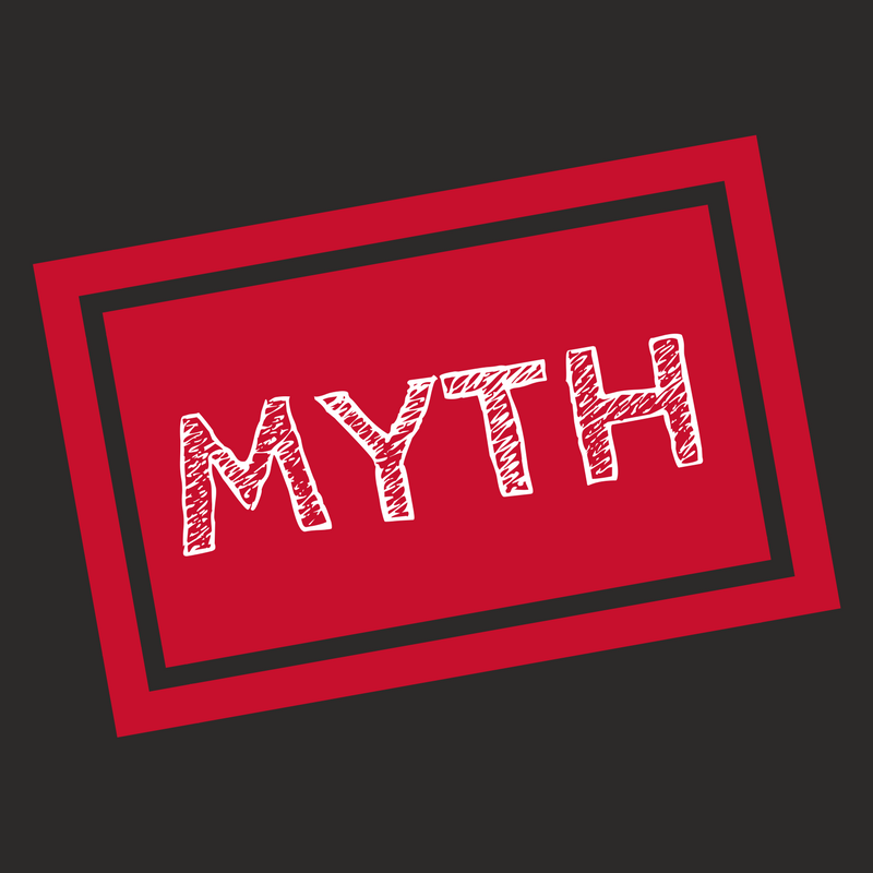 The word 'myth' written in white in a red square on a black background