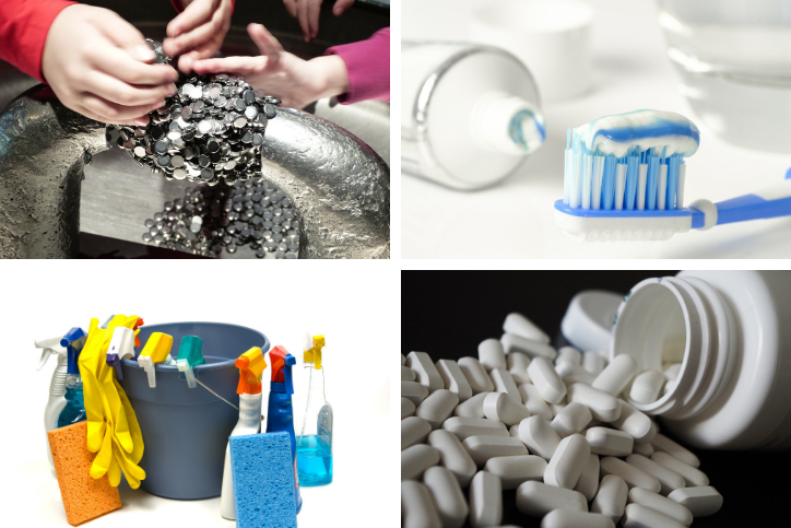 Collage of images featuring small coins, toothpaste, household cleaners, and over-the-counter pain relievers.