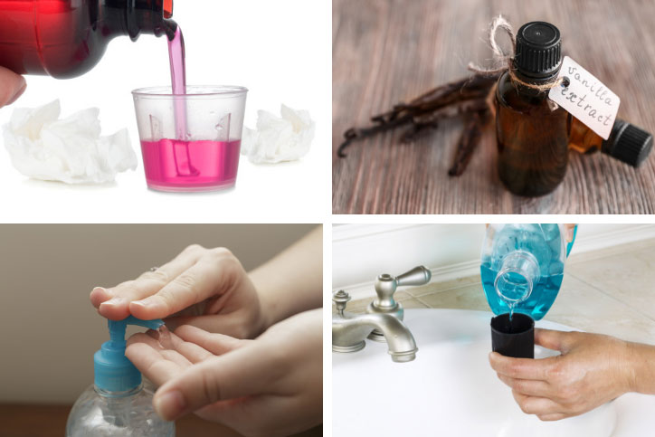 Four photo collage featuring liquid medication, essential oil, hand sanitizer, and mouthwash.