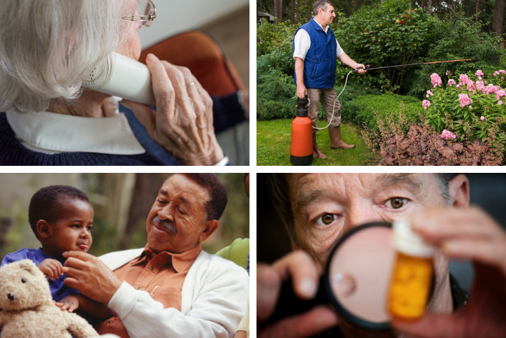 Collage of images featuring older adults engaged in activities that might lead to a call to the poison center.