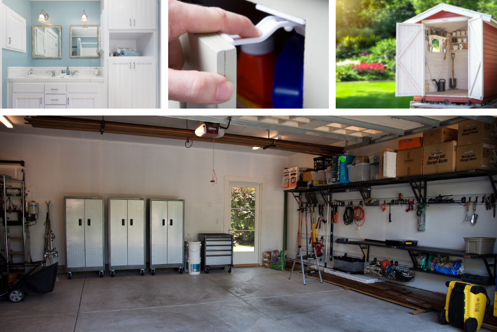 Collage with a bathroom, cabinet latch, outdoor shed, and garage