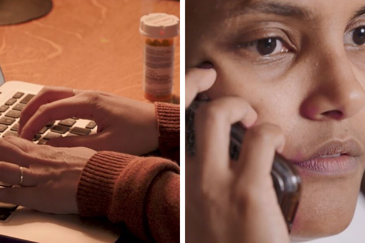 A collage with the left side showing a person typing on a laptop with a pill container sitting next to it. The right side is showing a person holding a cellphone up to their ear.