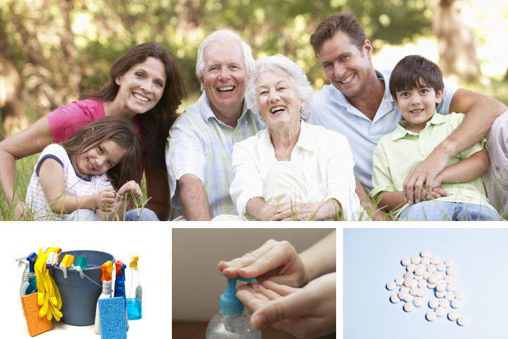 Collage with a multi-generational family, cleaning products, hand sanitizer, and white pills.