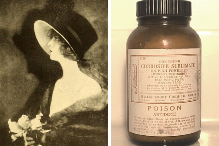 Split photo with a black and white portrait of Olive Thomas on the left and an antique bottle of Mercury Bichloride on the right
