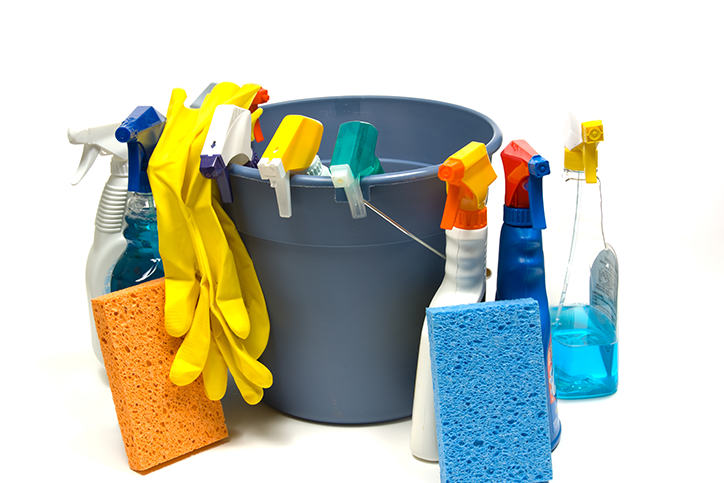 Cleaning products in and around a cleaning bucket