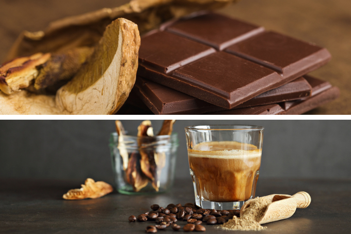 Collage with mushroom chocolate on top and mushroom coffee on bottom
