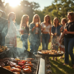 A group of people standing outside talking and holding drinks behind a smoking grill cooking food.