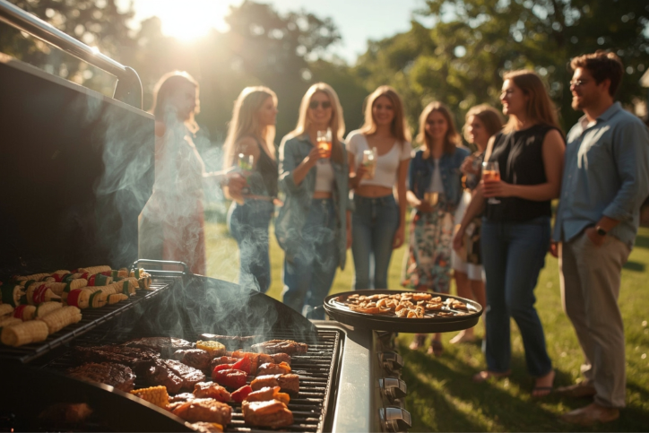 A group of people standing outside talking and holding drinks behind a smoking grill cooking food.